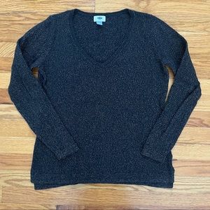 Women’s Old Navy V Neck Lurex Sweater, Black w Copper Reflective Thread, Medium